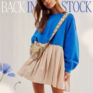 Free People Blue and Cream Mixed-Media Pleated Dress